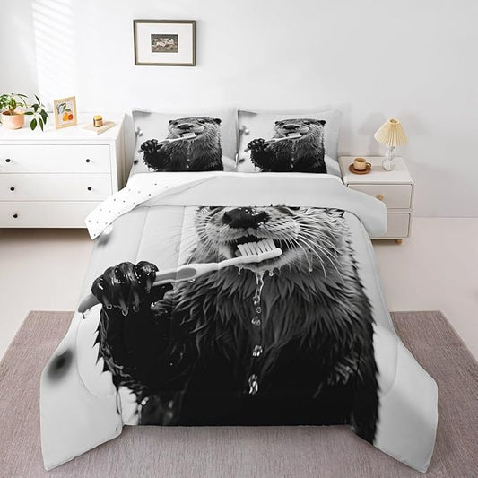 Erosebridal Sea Otter Bedding Set Twin Size Cute Animal Comforter Set for Kids Boys Girls Kawaii Marine Brush Teeth White Beige Grey Comforter Warm Soft Quilt Insert