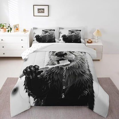 Erosebridal Sea Otter Bedding Set Toddler Size Cute Animal Comforter Set for Kids Boys Girls Kawaii Marine Brush Teeth White Beige Grey Comforter Warm Soft Quilt Insert