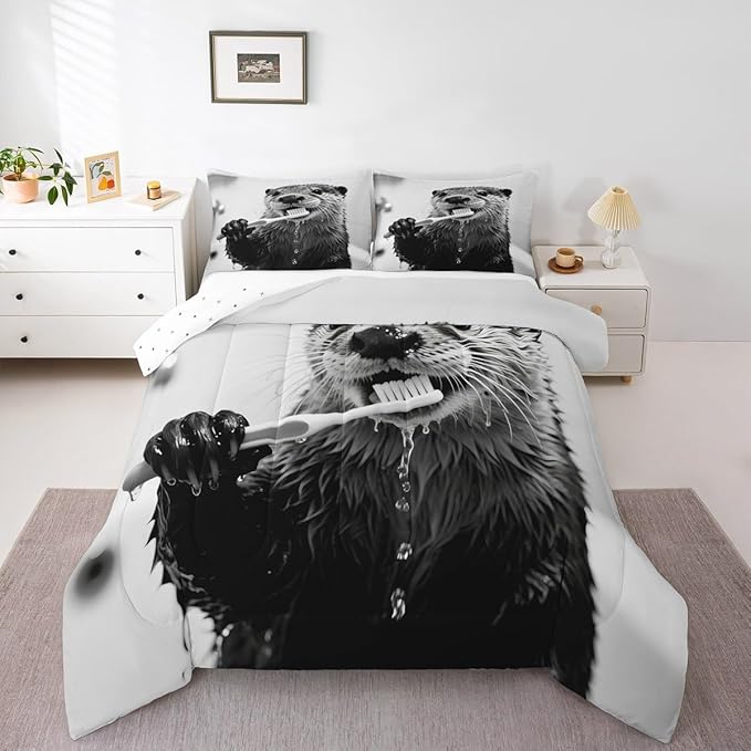 Erosebridal Sea Otter Bedding Set King Size Cute Animal Comforter Set for Kids Boys Girls Kawaii Marine Brush Teeth White Beige Grey Comforter Warm Soft Quilt Insert