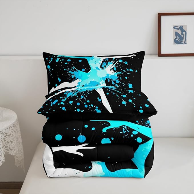 Erosebridal Girls Gymnastics Bedding Set for Gymnast Kids Boys Teens Blue Tie Dye King Size Comforter Set Gymnastics Lovers Down Comforter Dance Room Decor Gymnastics Sport Game Duvet Set, Black