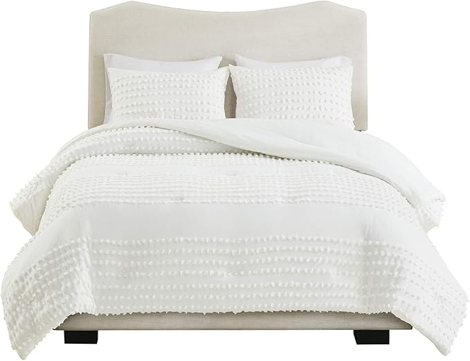 Comfort Spaces Cotton Comforter Set Jacquard Pom-Pom Tufts Design, Down Alternative, All Season Modern Bedding, Matching Shams, Full/Queen, Phillips, Ivory