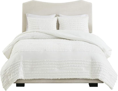 Comfort Spaces Cotton Comforter Set Jacquard Pom-Pom Tufts Design, Down Alternative, All Season Modern Bedding, Matching Shams, Twin/Twin XL, Phillips, Ivory