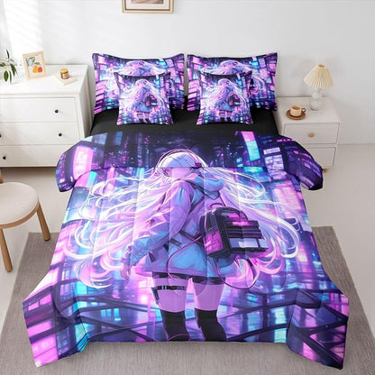 Erosebridal Japanese Girl Bed in A Bag Girly Anime Bedding Set for Kids,Sci Fi Style Gaming Full Comforter Set 7 Piece Room Decor,3D Cartoon Anime Girl Bed Set