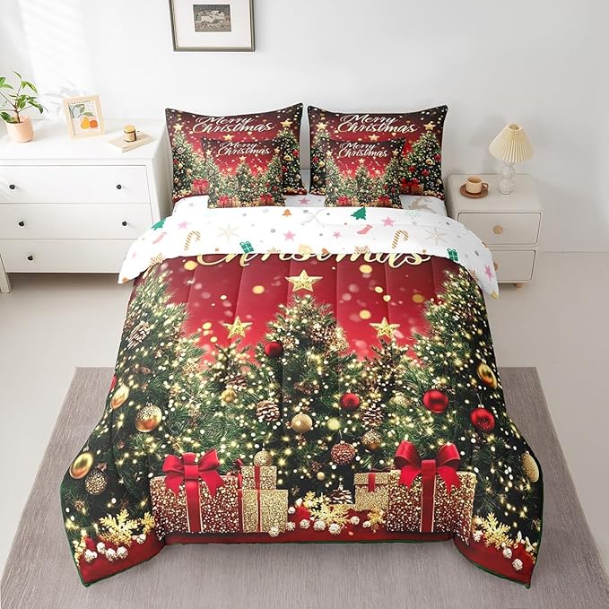 Castle Fairy Boys Girls Kids Xmas Trees Comforter Set 7 Pieces Reversible Bed Set,Happy New Year Bedding Bed in a Bag Soft,Full (1 Comforter,2 Pillowcase,2 Pillow Covers,1 Flat Sheet,1 Fitted Sheet)