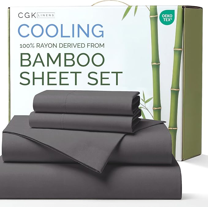 100% Rayon Derived From Bamboo - Bamboo Sheets Full Size - Cooling Sheets for Full - Soft, Breathable & Hotel Luxury Bedding - 1 Flat & 1 Fitted & 2 Pillowcases with 16 Inch Deep Pockets - Dark Grey