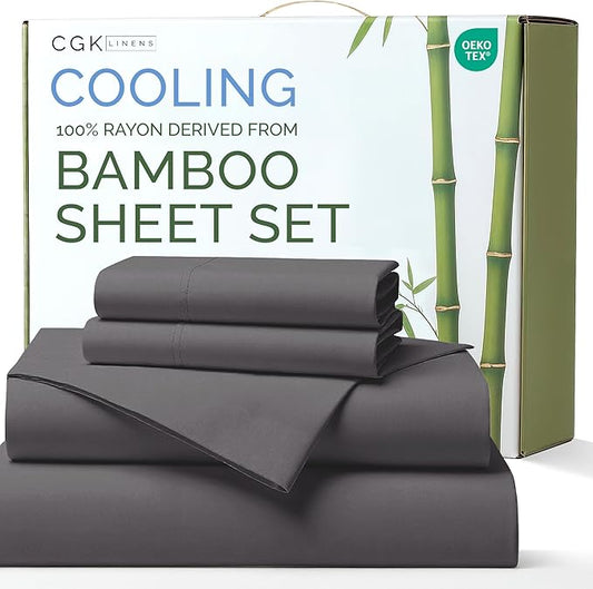 100% Rayon Derived From Bamboo - Bamboo Sheets Full Size - Cooling Sheets for Full - Soft, Breathable & Hotel Luxury Bedding - 1 Flat & 1 Fitted & 2 Pillowcases with 16 Inch Deep Pockets - Dark Grey