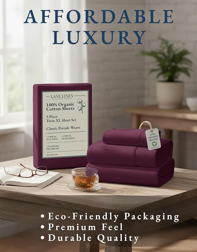 LANE LINEN Sustainably Produced 100% Organic Cotton Twin Bed Sheet Set, Soft & Breathable Naturally Cool Temperature Regulating Twin Sheet Set, Low Pilling Fade Resistant Bed Sheets- Windsor Wine