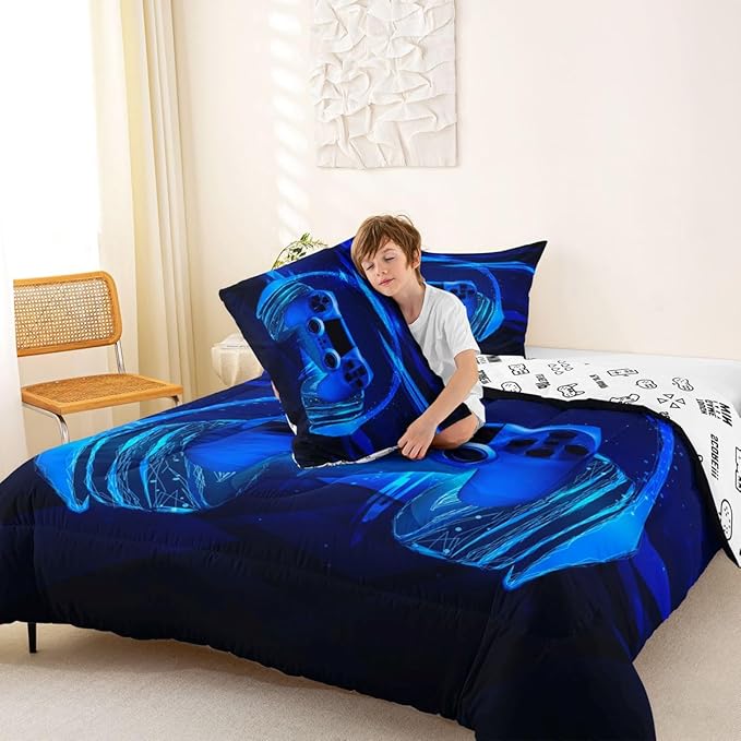 Feelyou Gamer Bedding Set Kids Video Game Gamepad Comforter Set for Boys Teens Gaming Headset Comforter Breathable Blue Game Controller Duvet Set Room Decor Quilt Set Queen Size