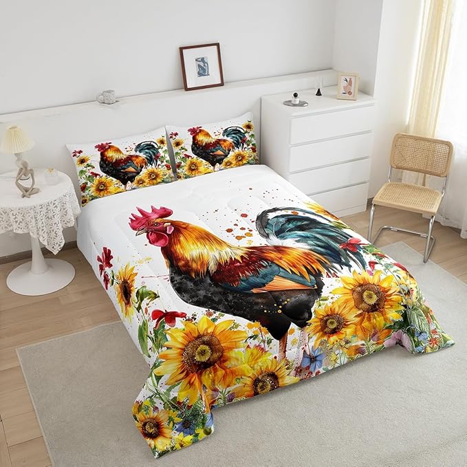 Erosebridal Sunflower Comforter Set King Size, Chicken Bedding Set, Yellow Floral Down Comforter, Watercolor Botanical Chick Animal Red Rooster Duvet Set, Tie Dye Quilted Duvet Bedroom Decor