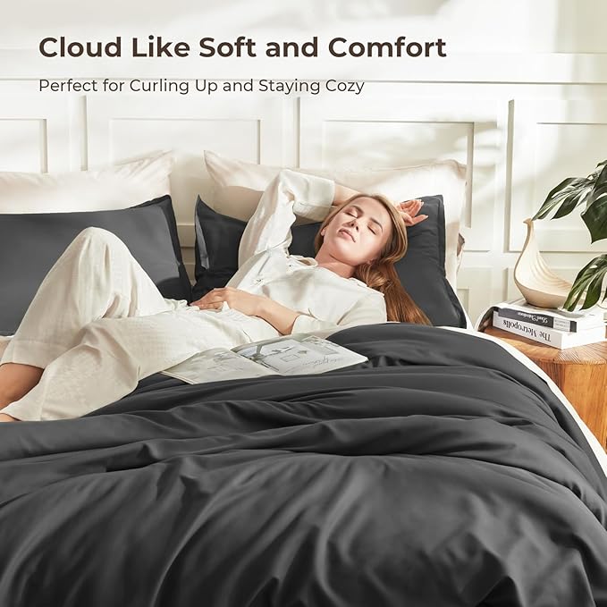 Litanika Comforter Set Dark Grey Oversized King Size, 3 Pieces Lightweight Solid Bedding Comforter Set, All Season Fluffy Bed Set (120x98In Comforter & 2 Pillowcases)