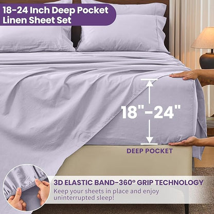 Bedlifes 100% French Flax Linen Sheets Set Queen Size - 6 Piece Extra Deep Pocket 18-24",Soft Breathable Queen Bed Sheets with Temperature Regulating & Moisture-Wicking(Lavender
