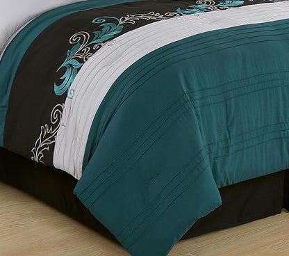 Chezmoi Collection Napa 7-Piece Luxury Leaves Scroll Embroidery Bedding Comforter Set (Full, Teal/Black/Gray)