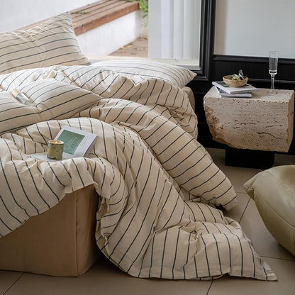 LifeTB Striped Duvet Cover Set Queen 100% Washed Cotton Beige Duvet Cover with Grey Stripes Pattern Printed Comforter Cover 3 Pieces Striped Bedding Queen Comforter Cover with Zipper Closure