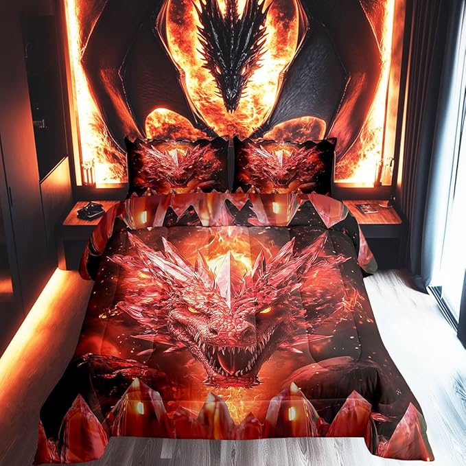 Castle Fairy Dragon 3 Pcs King Size Comforter Set,Western Fierce Animals Down Alternative Adults Bedroom Decor,Flames Dragon Ultra Soft Microfiber Inner Fill 3Pcs Bedding