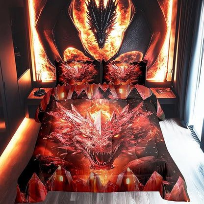 Castle Fairy Dragon Bed Comforter Set Queen Size,Flames Dragon Super Soft Microfiber Bedding Set for Adults Teens,Western Fierce Animals Comforter Set,2 Pillowcases
