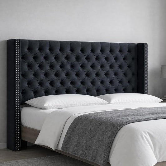 Madison Park King Wingback Upholstered Tufted Headboard, Featuring High-Density Sponge Padding, Adjustable Height Headboard, Easy Assembly, Black Velvet