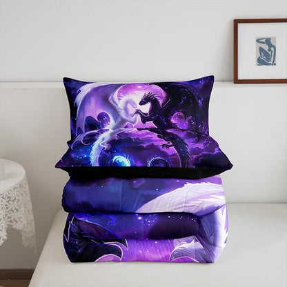Black White Dragon Bedding Set Full Size,Nebula Star Glitter Comforter Set for Kids Teens Couple Adults Room Decor,Western Magical Wildlife Duvet Insert 3Pcs,Animal Purple Quilt Set,2 Pillowcases