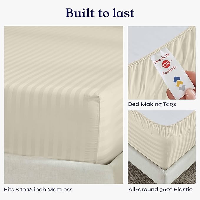 California Design Den 4 Piece Queen Size Sheet Set - 100% Cotton 500 Thread Count Sateen, Deep Pocket Bed Sheets with Fitted Elastic Sheet, Soft Luxury - Striped Ivory
