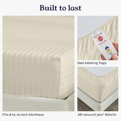 California Design Den 4 Piece Queen Size Sheet Set - 100% Cotton 500 Thread Count Sateen, Deep Pocket Bed Sheets with Fitted Elastic Sheet, Soft Luxury - Striped Ivory