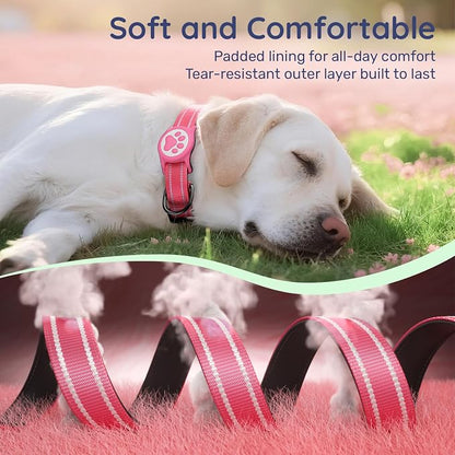 Airtag Dog Collar, Reflective Ultra-Durable Nylon Padded with QR Code Buckle & IP68 Waterproof Air Tag Holder Compatible for Apple AirTag, Comfortable for Small Medium Large Dogs(Hot Pink,L)
