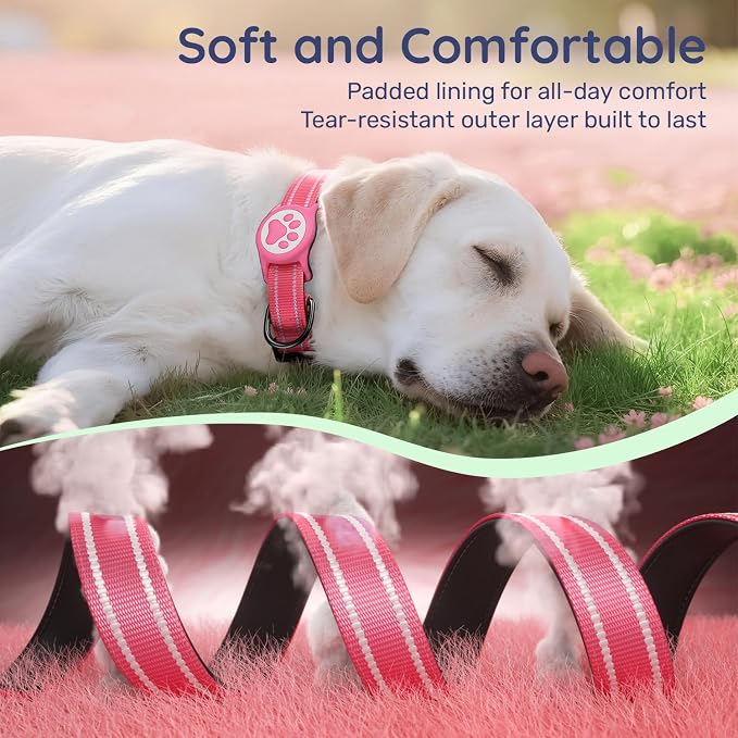 Airtag Dog Collar, Reflective Ultra-Durable Nylon Padded with QR Code Buckle & IP68 Waterproof Air Tag Holder Compatible for Apple AirTag, Comfortable for Small Medium Large Dogs(Hot Pink,S)