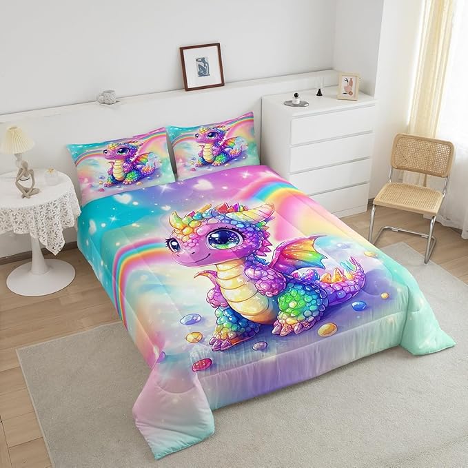 Feelyou Dragon Comforter Set Full Size Dragon Stuff Comforter for Boys Girls Teens Cute Bedding Set Dragon Decor Duvet Set Room Decor Multicolored Quilt Set