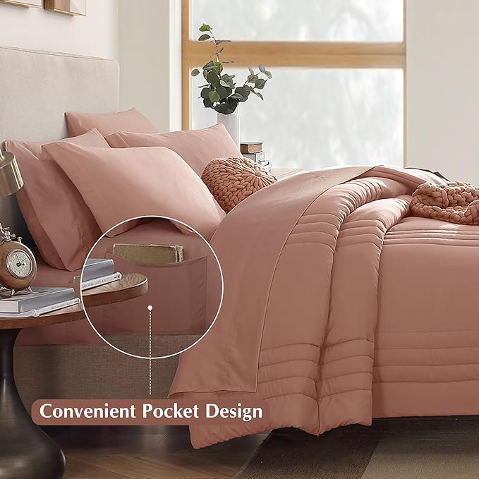 Monbix King Size Comforter Set - 7 Pieces Bed in a Bag King, Clay Pink Bedding Sets with Comforter, All Seasons Comforter Bed Set with Sheets, Pillowcases & Shams