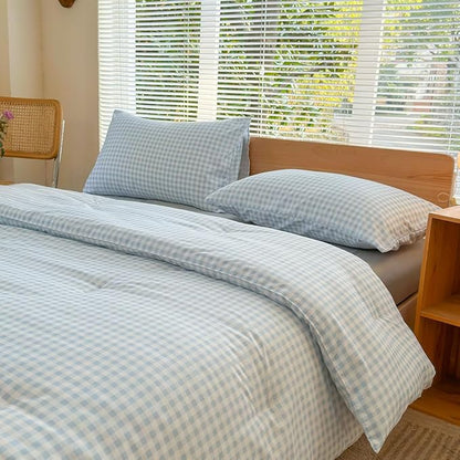 NSNLGSGC Queen Comforter Set, Light Blue Gingham Bedding Comforter Sets, Blue Grid Bed Comforter 3 Pieces (1 Comforter, 2 Pillowcases)