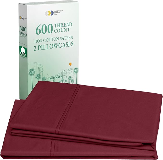 California Design Den Pillowcases Queen/Standard Set of 2 - Premium 600 Thread Count, Soft 100% Cotton Standard Pillowcase, Crisp, Smooth Sateen, Fits Standard & Queen Pillows - Brick Red