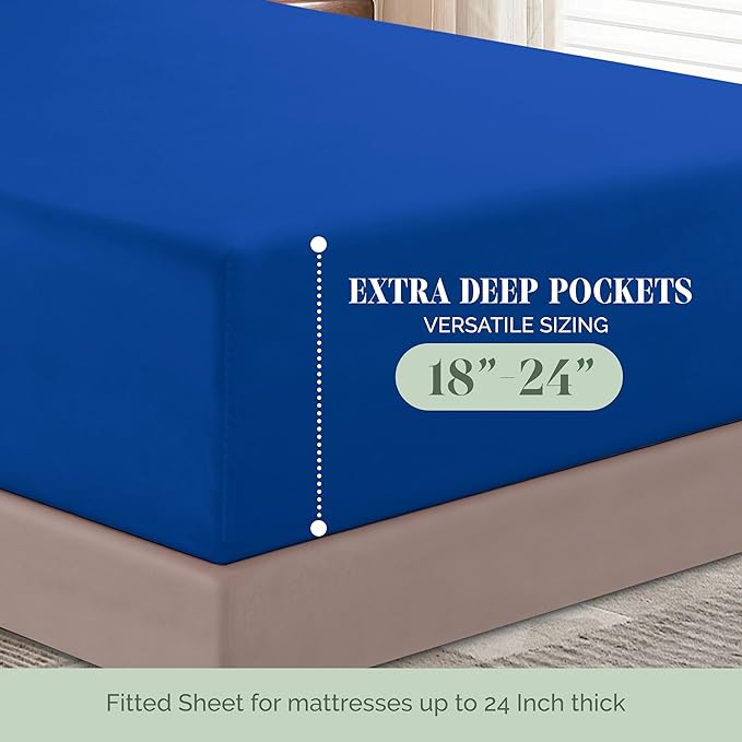 Elegant Comfort Luxurious 1500 Premium Hotel Quality Microfiber 4-Piece Sheet Set, 18-24 Inches Deep - Extra Deep Pocket Sheets - Ultra Soft 4PC Deep Pocket Sheets, King, Royal Blue