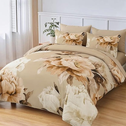 Dobuyly California King Comforter Set 7 Piece Bed in a Bag, Taupe Floral Printed on Khaki Fall Comforter Set with Sheets, Soft Microfiber Farmhouse Complete Bedding Set for All Season