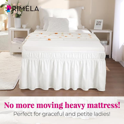 RIMELA White Bed Skirt Full Size 12 Inch Drop, Elastic Bed Skirting for Bed Base and Frame, Bedding Dust Ruffle Easy to Install, Lightweight Wrap Around Adjustable Bedskirt