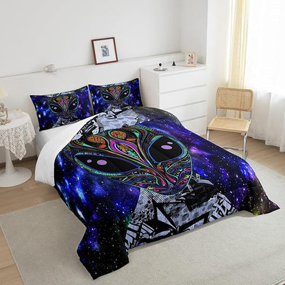 Feelyou Alien Printed Comforter Kids Galaxy Outer Space Themed Bedding Set Boys Girls Trippy Alien Hippie Skull Decor Comforter Set Colorful Tie Dye Quilted Duvet Bedroom Bed Set Twin Size…