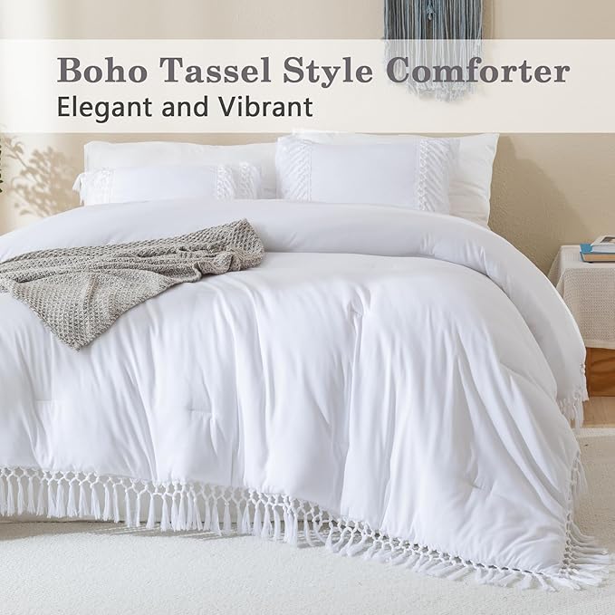 Andency White Full Size Comforter Set, 3 Pieces Boho Tassel Lightweight Soft Bedding Comforter Sets, All Season Fluffy Fringe Bed Set (79x90In Comforter & 2 Pillowcases)
