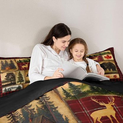 Erosebridal Bear Cabin Plaid Comforter Set Full, Rustic Farmhouse Bedding Set, Retro Hunting Deer Woodland Quilt, Country Western Duvet Set, Christmas RV Lodge Decor Down Comforter, Red Black Brown