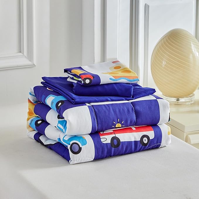 White Navy Toddler Bedding Set for Boys Girls Colorful Cars Vehicle Auto Fire Engine Bulldozer 4PC Toddler Bed Set - Soft Cute Toddler Plaid Patchwork Bed in a Bag with Sheet Set and Pillow Shams