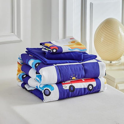 White Navy Toddler Bedding Set for Boys Girls Colorful Cars Vehicle Auto Fire Engine Bulldozer 4PC Toddler Bed Set - Soft Cute Toddler Plaid Patchwork Bed in a Bag with Sheet Set and Pillow Shams
