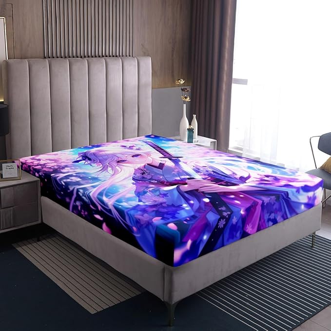 Erosebridal Anime Girl Full Bedding Set for Kids, Kawaii Japanese Anime Fitted Sheet Cartoon Girl Bed Sheets Sci Fi Style Japanese Animation Sheets for Kids Girls Teens Adult Bedroom