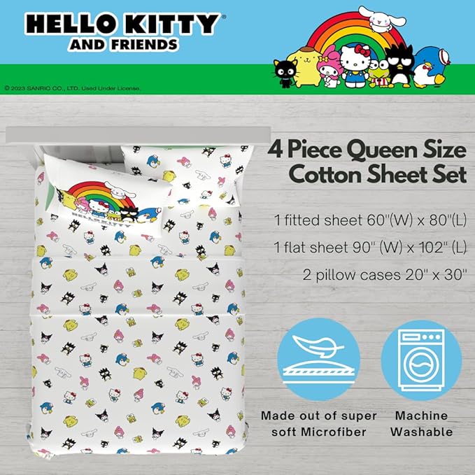 Collectibles Hello Kitty & Friends Bedding Super Soft Cozy Cotton 4 Piece Queen Sheet Set, (Officially Licensed Product) By Franco