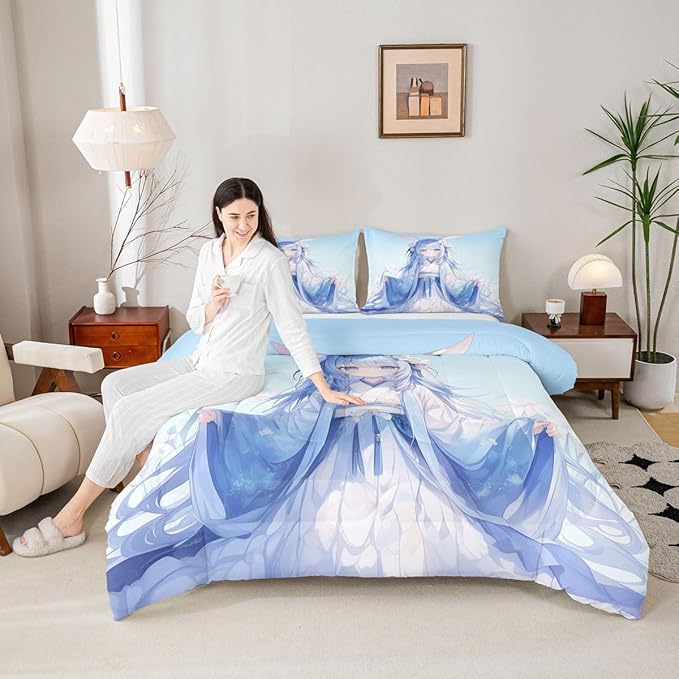 Erosebridal Traditional Japanese Girl Comforter Set Kawaii Decor, 3D Anime Girl Bedding Sets Cartoon Japanese Girl Bed Set for Kids Girls Blue Butterfly Decorations Down Comforter Twin Size