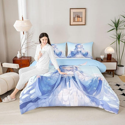 Erosebridal Traditional Japanese Girl Comforter Set Kawaii Decor, 3D Anime Girl Bedding Comforter Sets Cartoon Japanese Girl Bedding for Kids Girls Blue Butterfly Decorations Down Comforter Queen