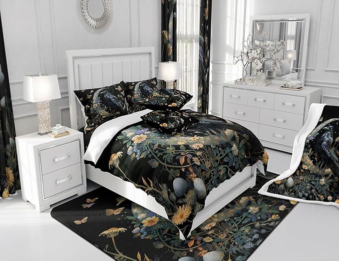 Black Crow Comforter Set Queen Size,Moon Daisy Flower and Butterfly Bedding Set,Kids Girls Boys Teens Room Decor,Halloween Theme Animals Plants Quilt Set Boho Trippy Duvet Insert,2 Pillowcases…