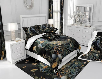 Black Crow Comforter Set Queen Size,Moon Daisy Flower and Butterfly Bedding Set,Kids Girls Boys Teens Room Decor,Halloween Theme Animals Plants Quilt Set Boho Trippy Duvet Insert,2 Pillowcases…