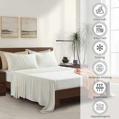 Luxury Bamboo Market | King Size Bed Sheet Set | 100% Viscose Made from Bamboo | Organically Grown | Ultra Soft | Cooling Sheets for Hot Sleepers | 17" Deep Pocket [Opulent Ivory]