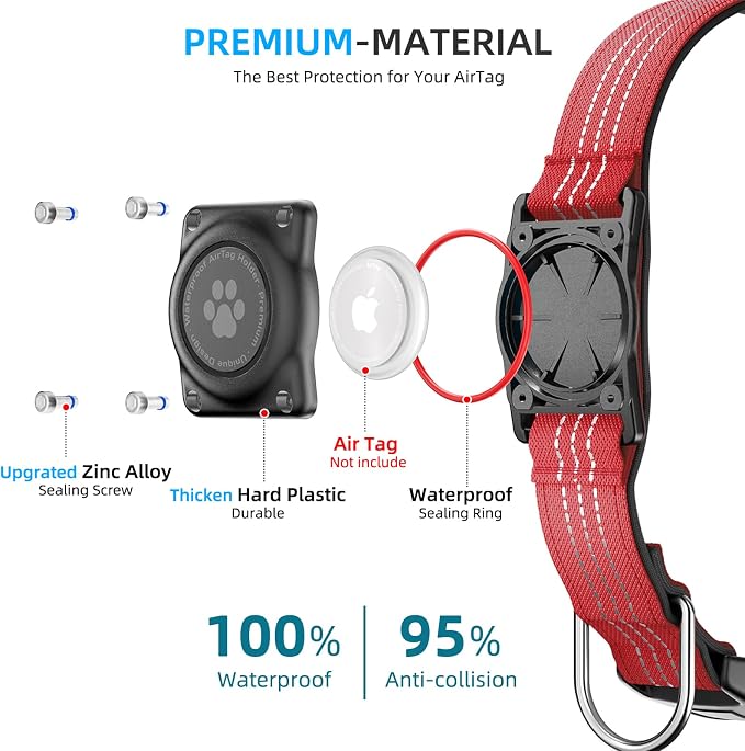 Upgrade Dog Collar with AirTag Holder, IP68 Waterproof, Red, M | Built-in Water Resistant AirTag holder, 1000D Nylon, Reflective Stitching for Night Visibility, Soft padding for Comfort