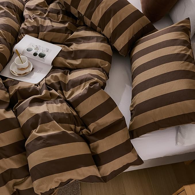 Merryword Brown Striped Duvet Cover Set Queen Size, 100% Natural Cotton Linen Like Duvet Cover Set with Zipper Closure & 8 Corner Ties, Brown Khaki Soft Reversible Bedding for All Seasons