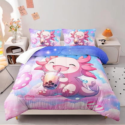 Cute Salamander Comforter Set Full Kawaii Axolotl Bedding Sets 3PCS for Kids Teen Adult Girl Room Decor Ultra-Soft Lightweight Microfiber 1 Comforter with 2 Pillowcases