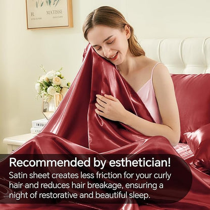 BEDELITE Satin Sheets Twin Size Bed Set, Luxury Soft Burgundy Silky Sheets for Hair and Skin, Similar to Silk Bed Sheets Set 3 Pieces with 1 Deep Pocket Fitted Sheet, 1 Flat Sheet, and 1 Pillowcase