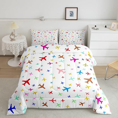 Castle Fairy Kids Aircraft Queen Size Comforter Set,Watercolor Transportation Vehicles Down Alternative Comforter Bedroom Decor,Boys Airplanes Colorful Soft Microfiber Inner Fill 3Pcs Bedding