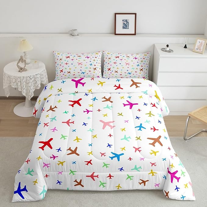 Castle Fairy Kids Aircraft Twin Size Down Comforter Set,Watercolor Transportation Vehicles Duvet/Quilt Set Soft Bed Collection,Boys Airplanes Colorful Bedding Comforter for Boys Girls Bedroom,2 Pcs